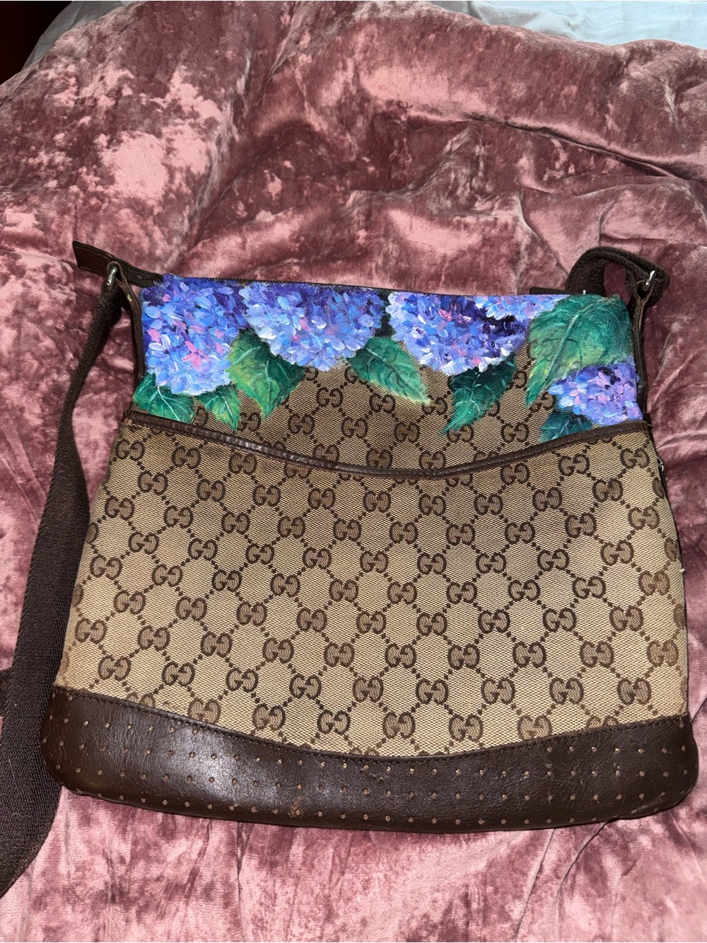 Gucci Brown Beige Monogram Shoulder Bag with Blue Floral Trim